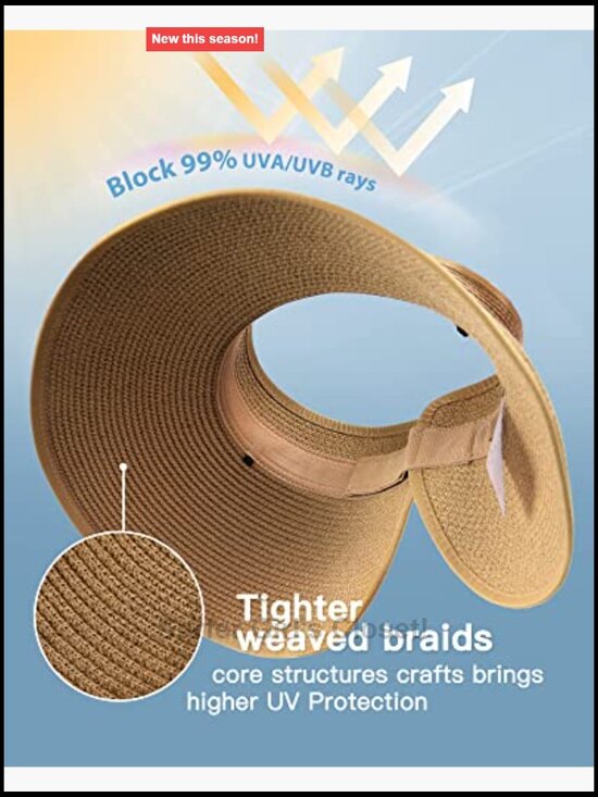 Wide Brim Sun Hat with Ponytail Hole - Paper Straw Visor UPF 80+ main image 2